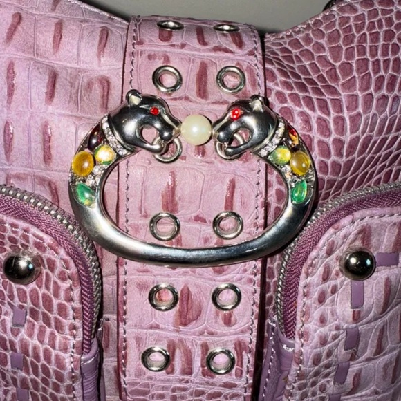 Sharif Studios Purple Crocodile Embossed Shoulder Bag with Panther Emblem - Picture 3 of 12